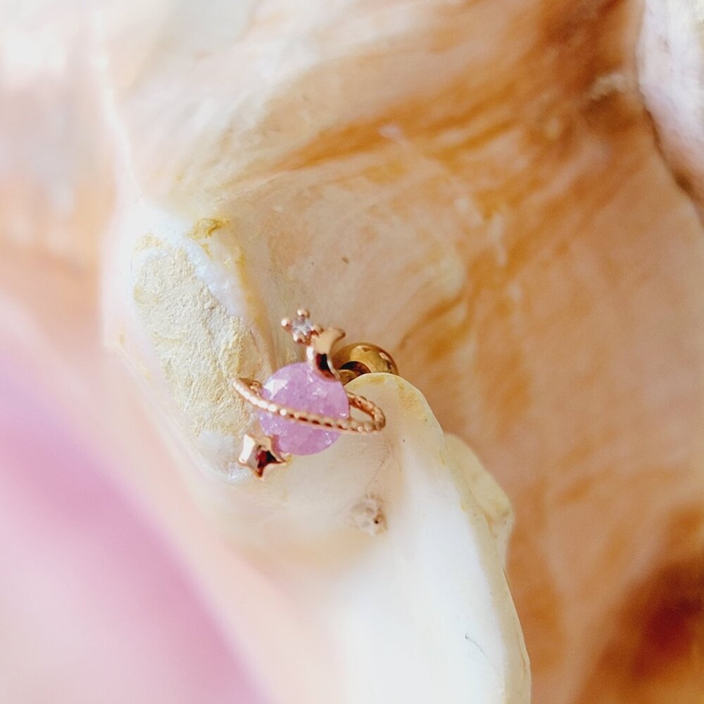 16G Rose Gold Planet Saturn imitation pink opal clear CZ helix cartilage NWT - Picture 3 of 6